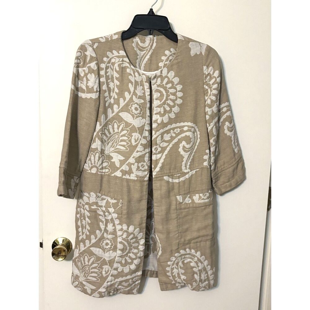 Chico's Open Front Linen Blend Jacket Cardigan Paisley Beige White Size 0 S/M